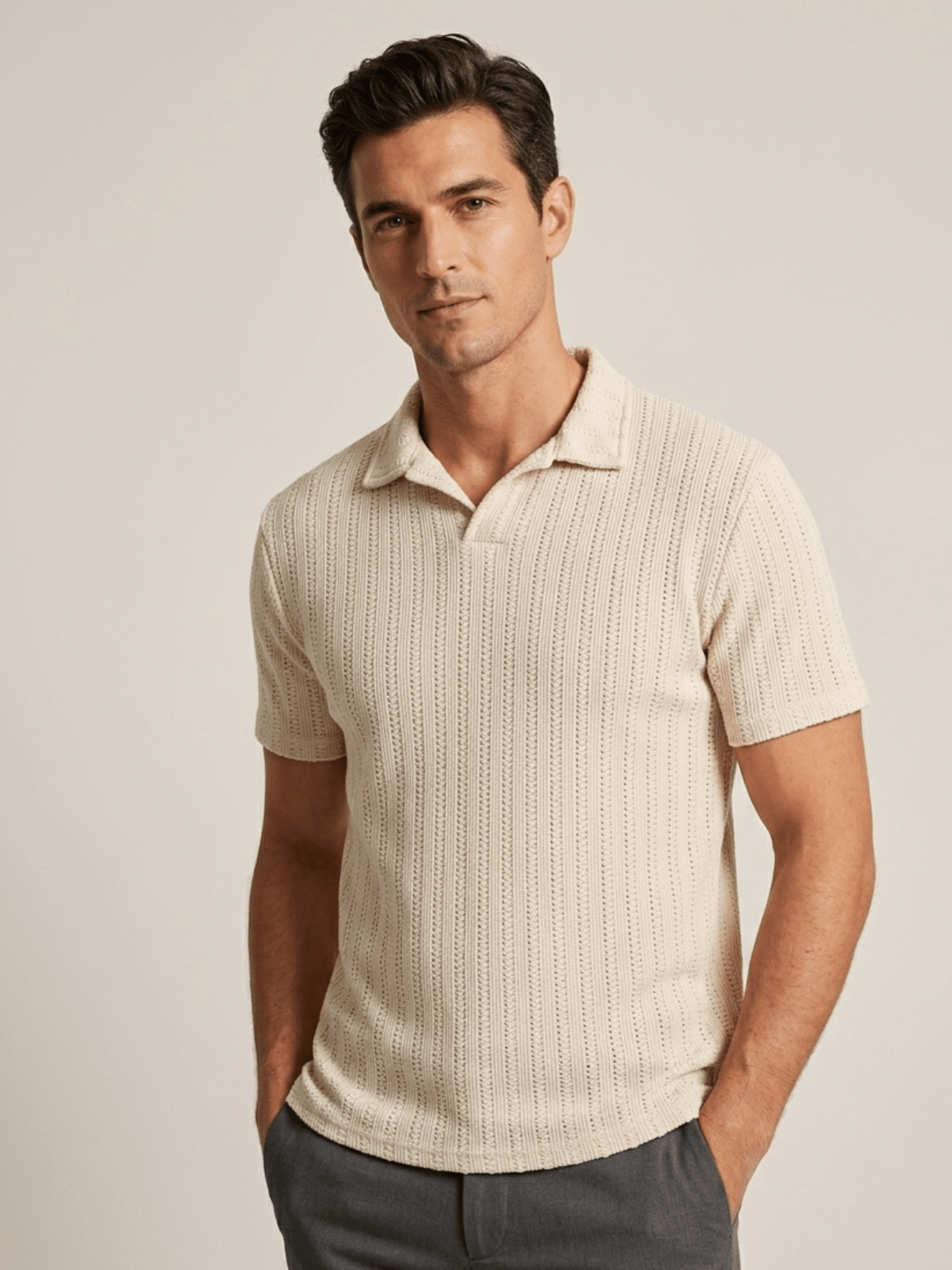 Swanah Men's Premium Textured Knit Polo Shirt - Cream Beige - Swanah.Store