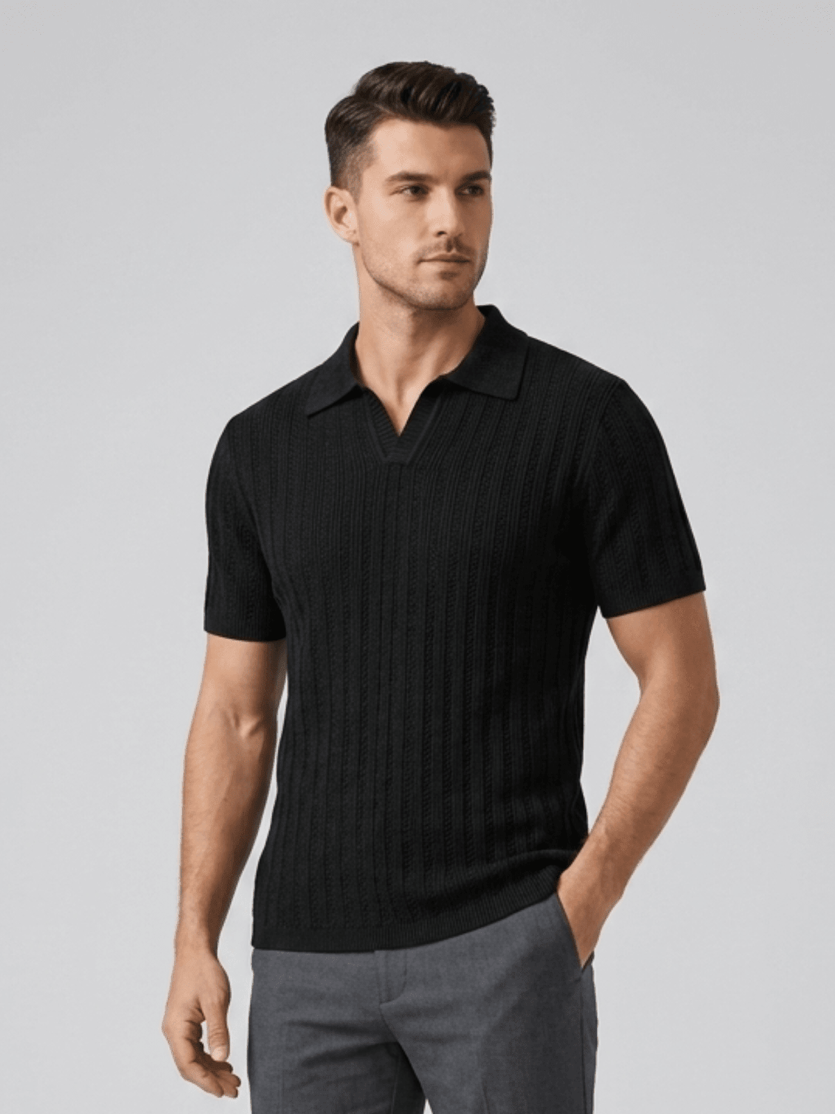 Swanah Men's Premium Textured Knit Polo Shirt - Black - Swanah.Store