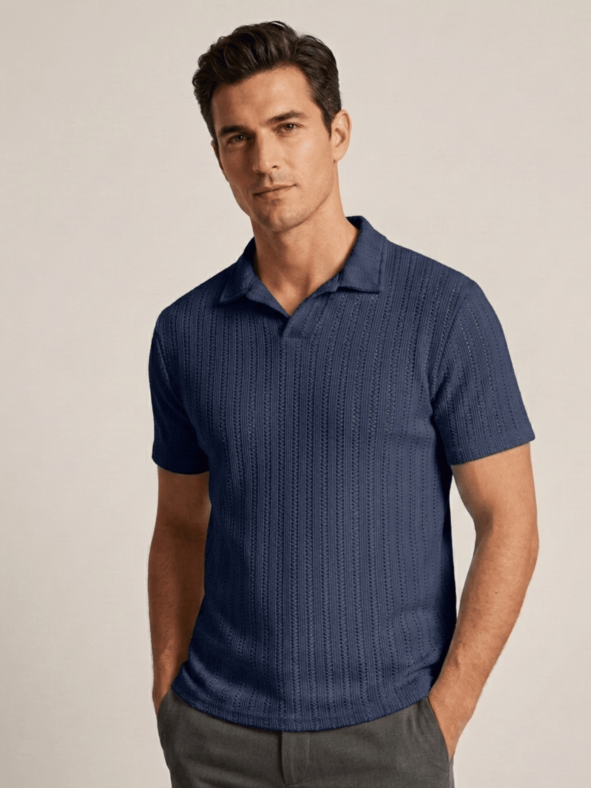 Swanah Men's Premium Textured Knit Polo Shirt - Navy Blue - Swanah.Store