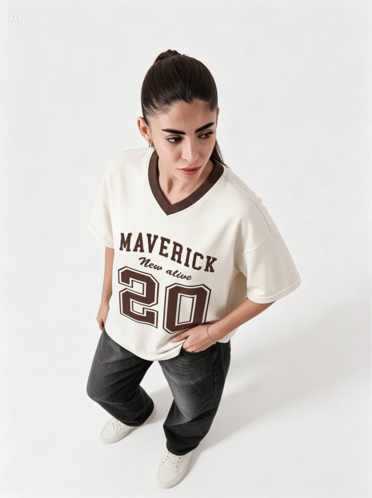 Maverick 20 Vintage Drop-Shoulder V-Neck Tee | Off-White & Brown - Swanah.Store