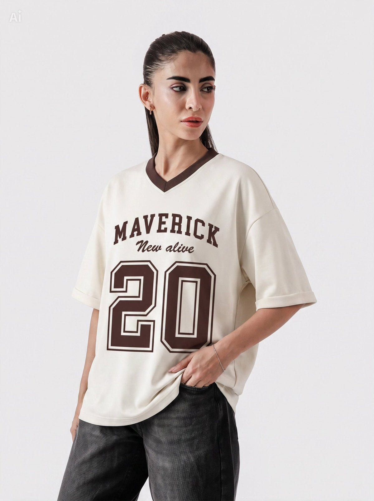 Maverick 20 Vintage Drop-Shoulder V-Neck Tee | Off-White & Brown - Swanah.Store