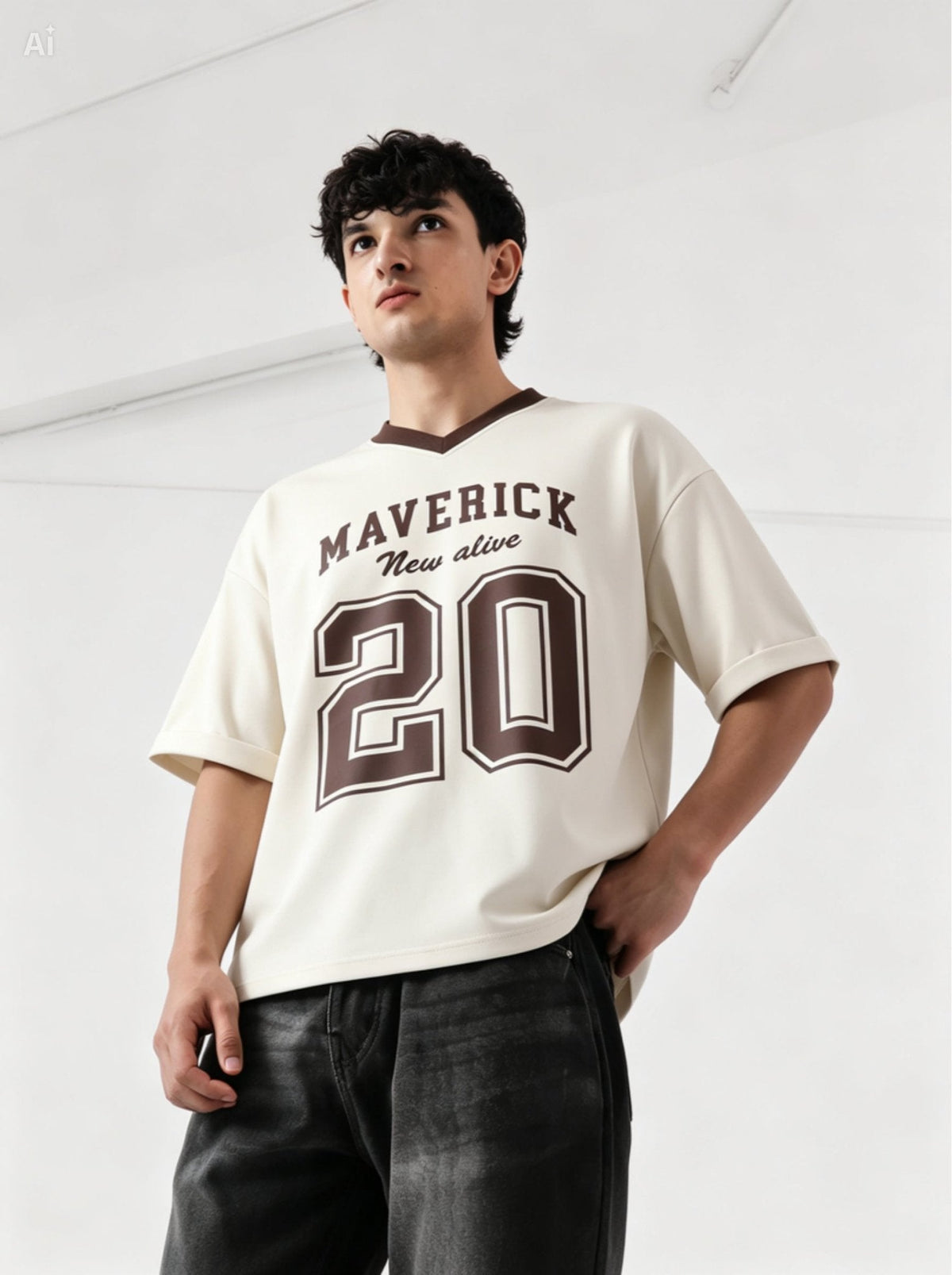 Maverick 20 Vintage Drop-Shoulder V-Neck Tee | Off-White & Brown - Swanah.Store