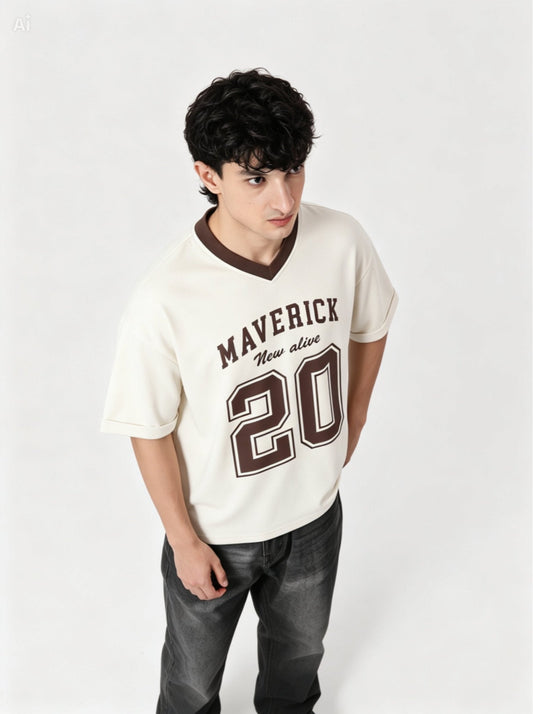 Maverick 20 Vintage Drop-Shoulder V-Neck Tee | Off-White & Brown - Swanah.Store